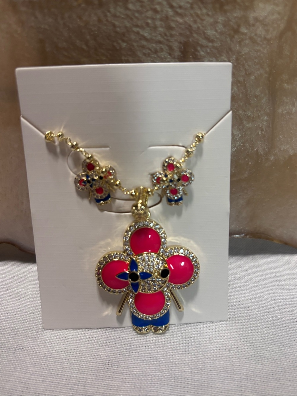 Gold Crystal Flower Pendant Necklace and Earrings Set